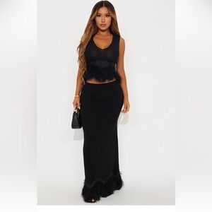 Black Feather-Trim Maxi Skirt Set